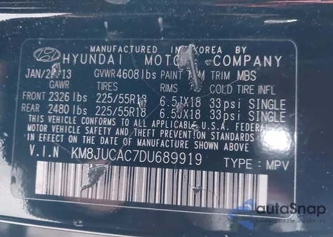 2013 Hyundai Tucson Limited z USA, uszkodzony, nr VIN KM8JUCAC7DU689919